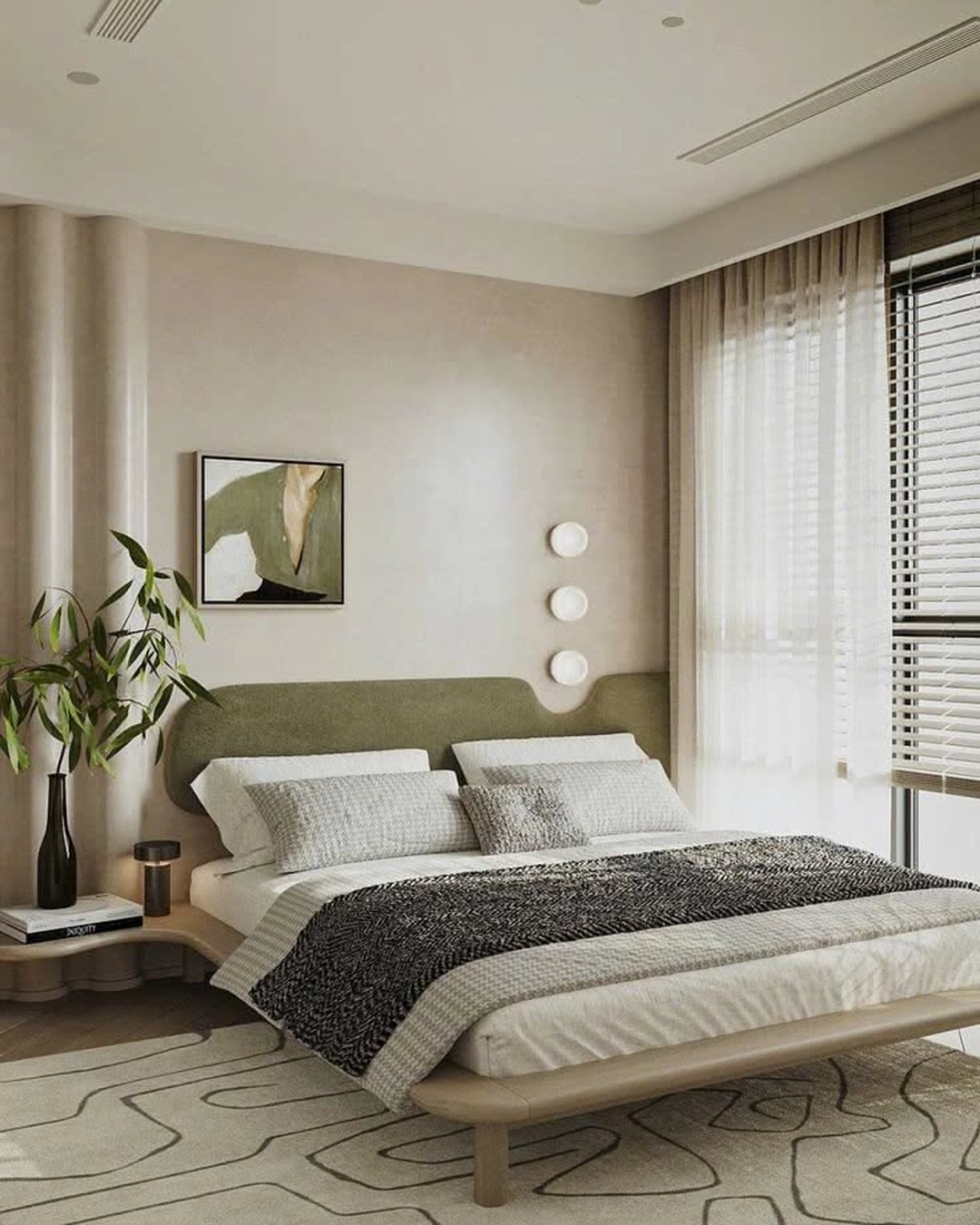 Serene bedroom with olive headboard, cream linen duvet, and sheer curtains