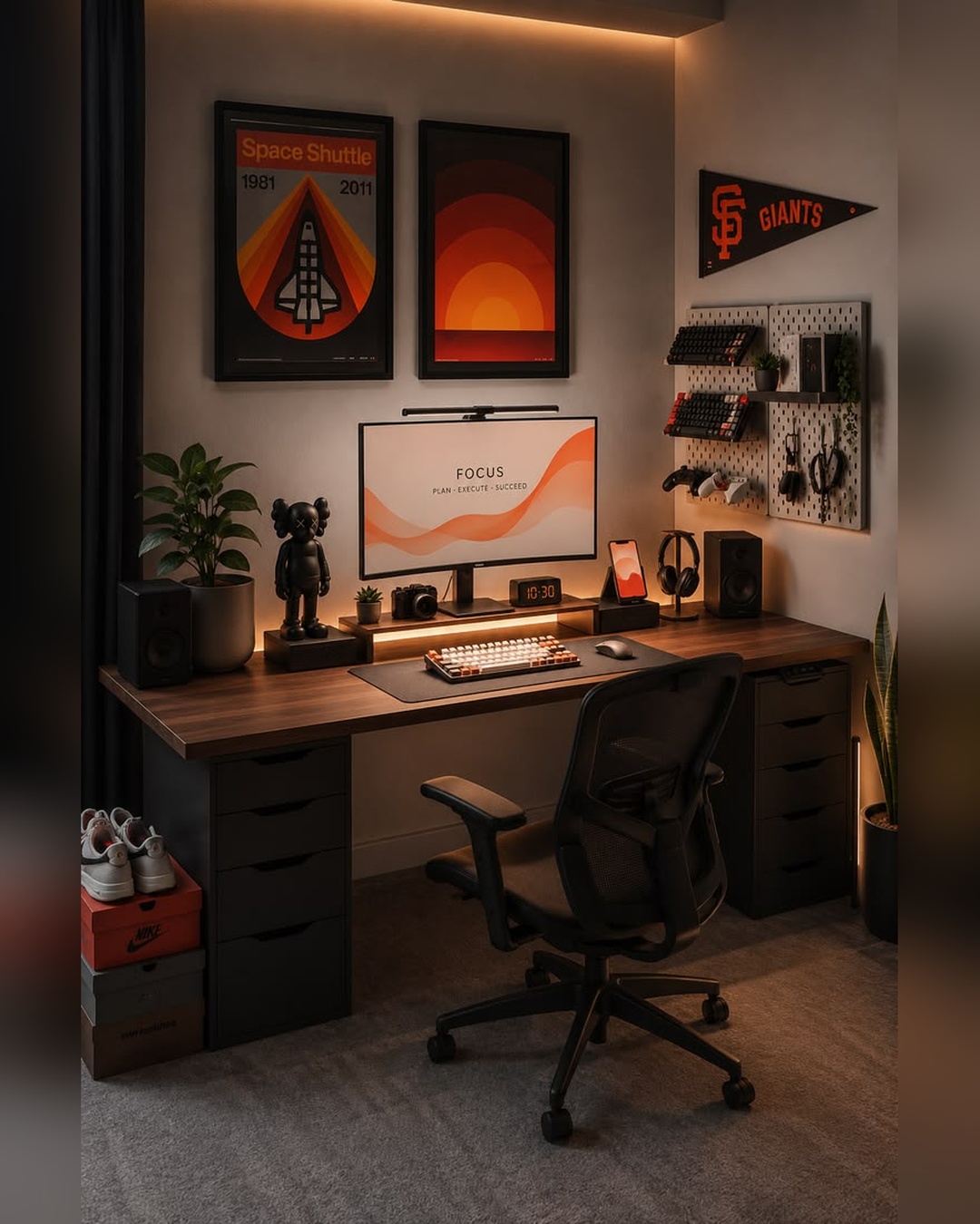 Wood desk with monitor, task lighting, pegboard organization, and ergonomic chair